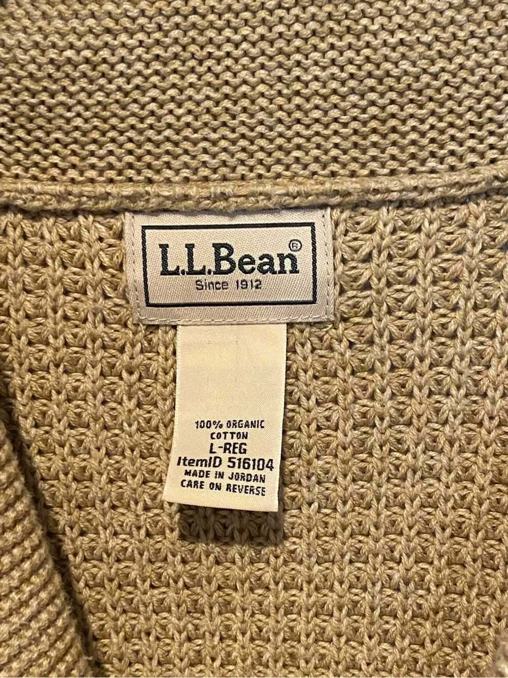 L.L BEAN MENS SZ LARGE SHAW COLLAR CARDIGAN SWEATER SZ LARGE ORGANIC COTTON